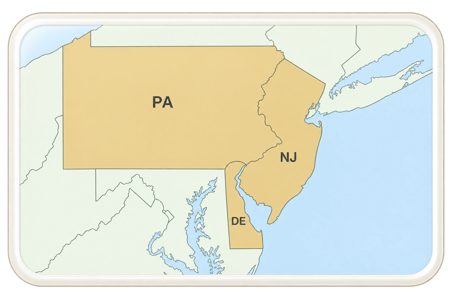 Regional map showing Pennsylvania, New Jersey and Delaware